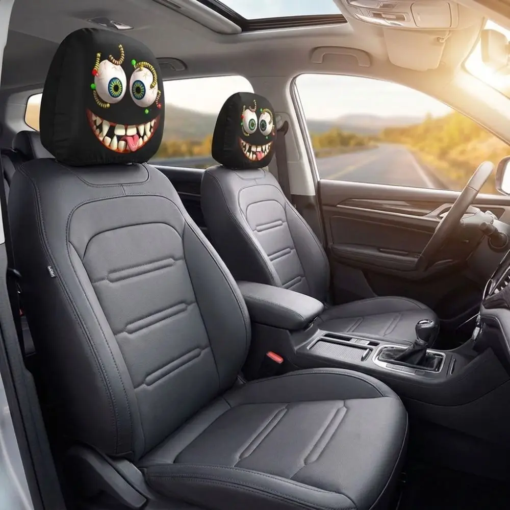 2PCS Universal Elastic Car Scary Theme Seat Cover Breathable Washable Halloween Car Head Rest Protector Stretchy Printed