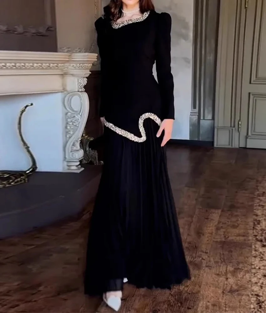 Customized Classic Organza A-Line Crystal Evening Dress Delicate V-Neck Long Sleeves Floor Length Bespoke Occasion Gowns