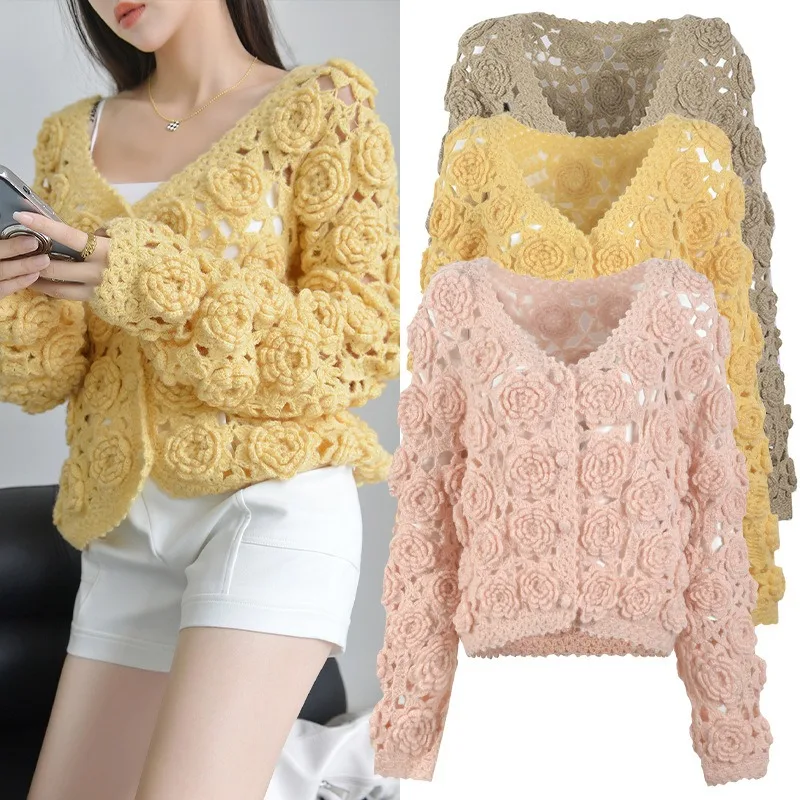 2023 New Autumn Winter Sweaters Hollow Crochet Rose Flower Long Sleeve Short Single Breasted Short Coat Simple Cardigan Knitwear