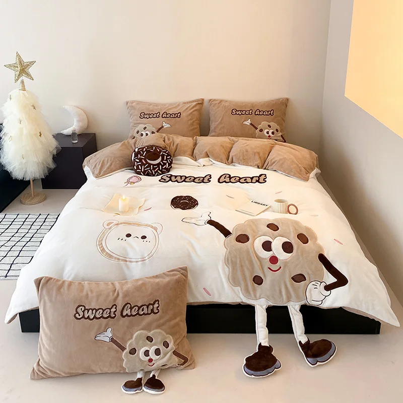 High End Three-dimensional Embroidered Milk Velvet Four Piece Set Cartoon Biscuit Pattern Winter Warm Duvet Cover Bed Sheet