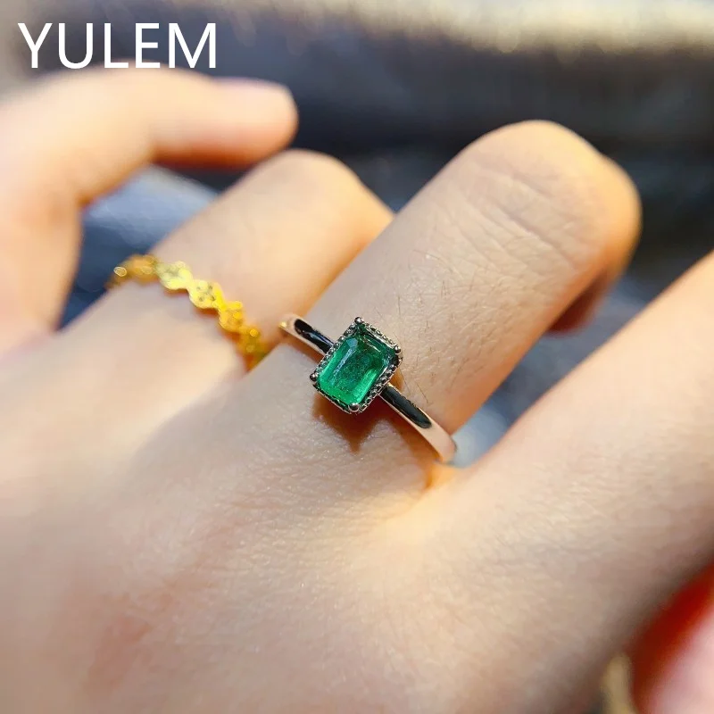 YULEM Silver 925 Natural Rectangle Emerald 4x6mm Ring and Earring and Pendant for Women Daily Wear