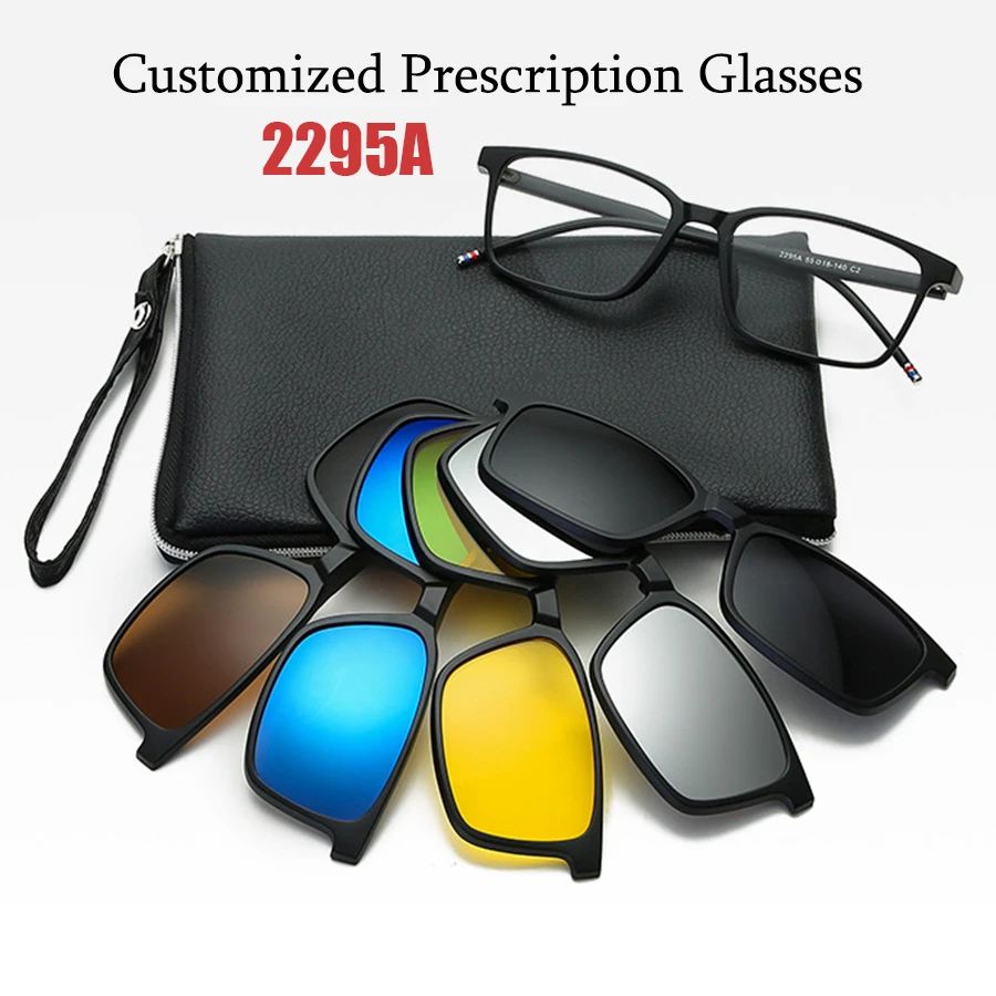 

6 In 1 Customize Prescription Glasses Men Women Anti-Blue Light Myopia Hyperopia With 5 PCS Clip On Polarized Sunglasses 2295