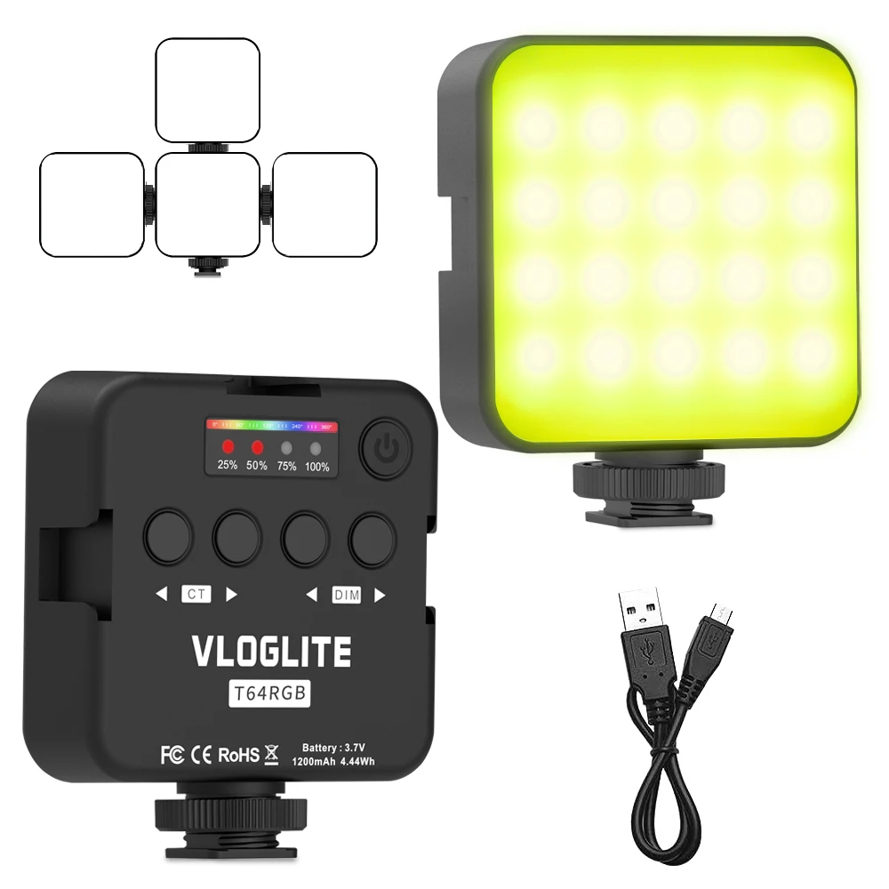 mini RGB Video Lights, LED Camera Light 360° Full Color Portable Photography Lighting w 3 Cold Shoe, CRI  Dimmable Panel Lamp