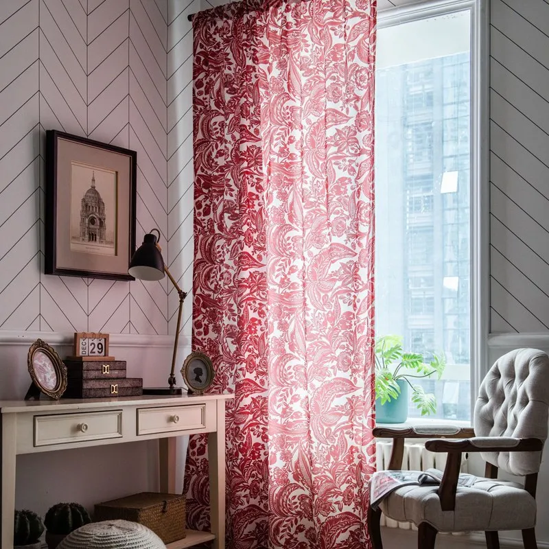 Red Baroque Style Finished Curtain Home Small Window Kitchen Valance Cotton Hemp Printing Living Room Semi-shading Bay Window