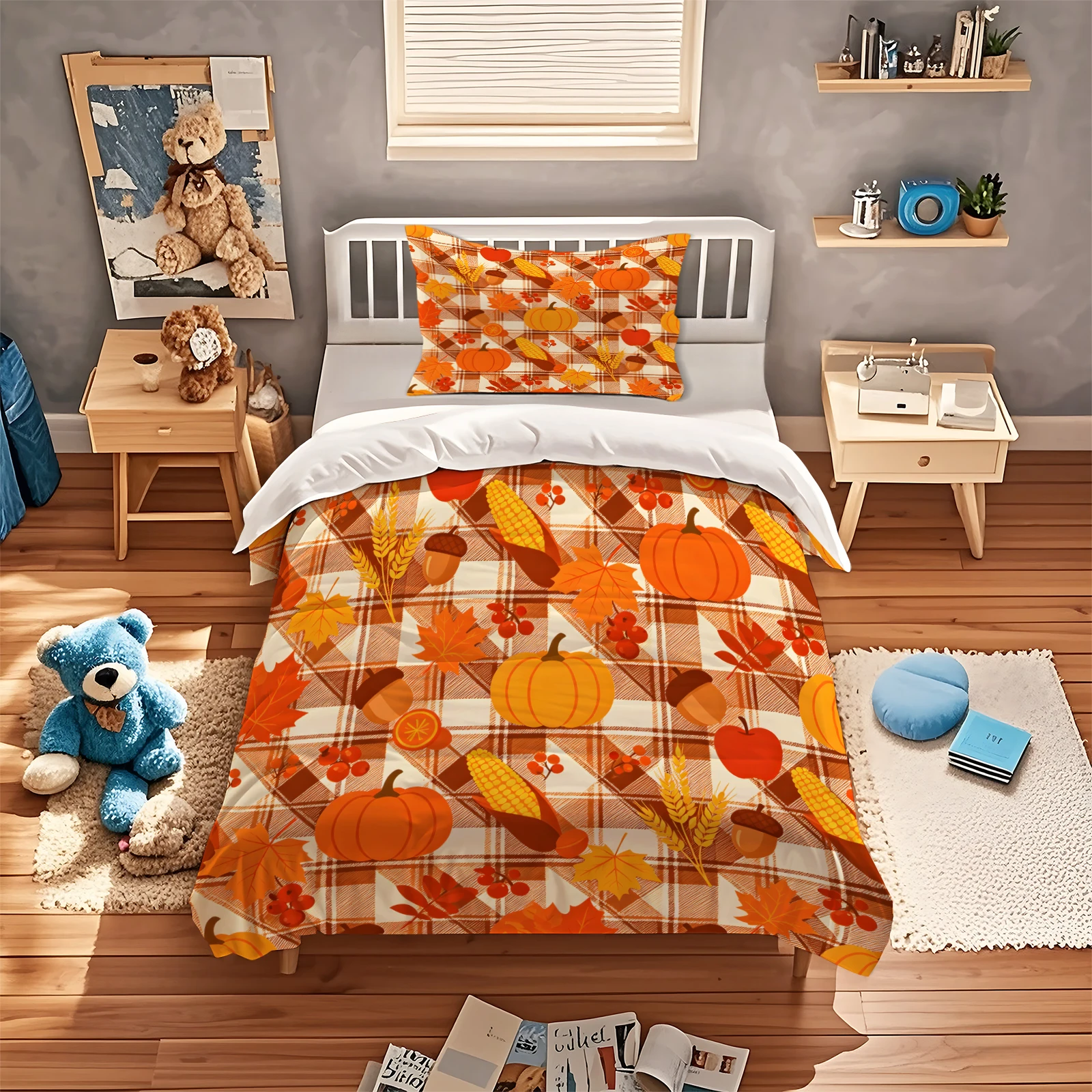 Brown Buffalo Plaid Pumpkin Duvet Cover Set Fall Thanksgiving Harvest Bedding Set Soft Microfiber Quilt Cover With Pillowcases