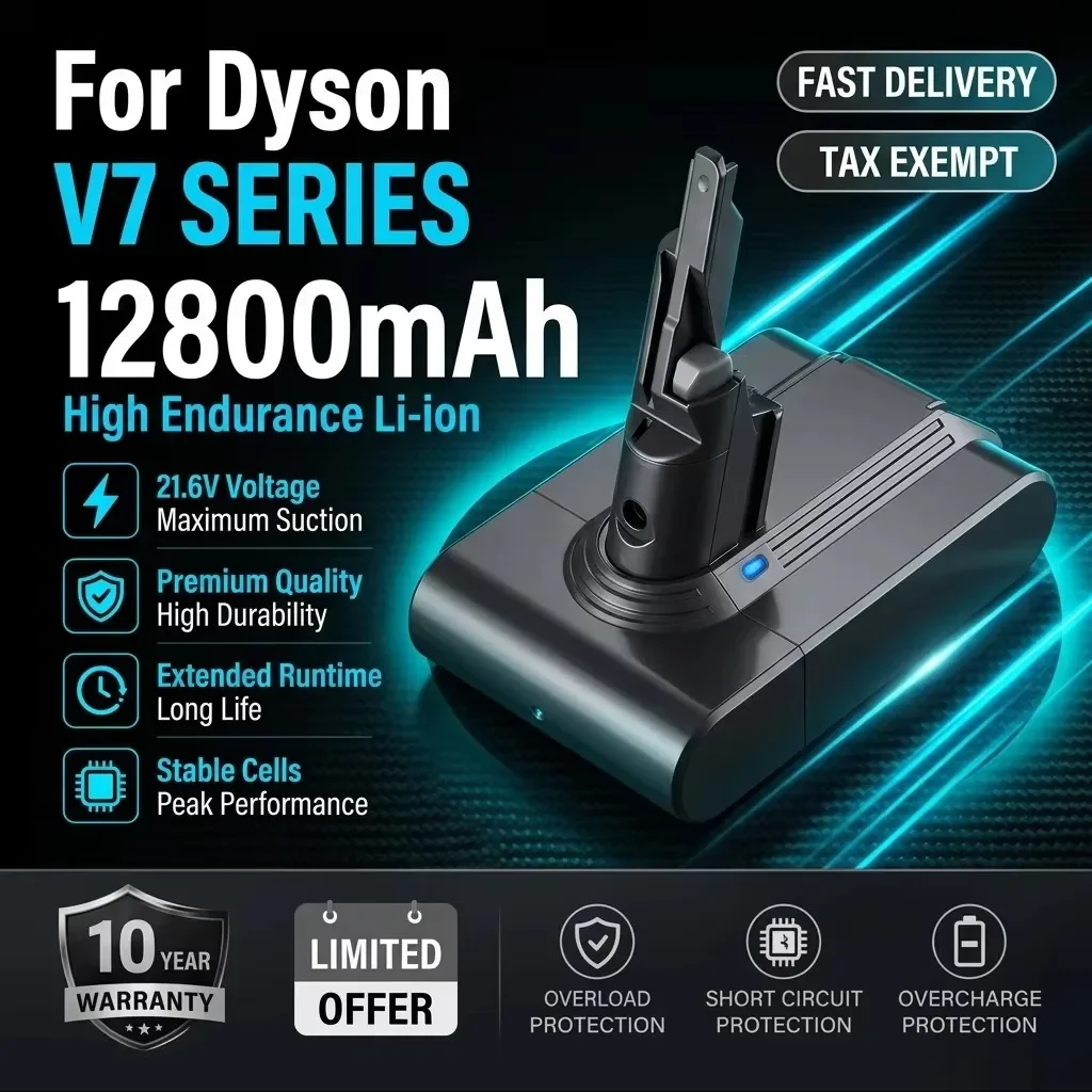 Batteria ricaricabile agli ioni di litio da 21,6 V e 12800 mAh per Dyson V7, utilizzata per sostituire la batteria dell'aspirapolvere V7 Animal Pro, batteria per aspirapolvere a lunga durata.