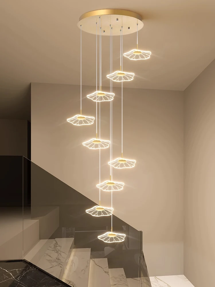 Rotating Staircase Lotus Leaf LED Chandelier Creative Loft Apartment Light Luxury Duplex Restaurant Villa Living Room Chandelier