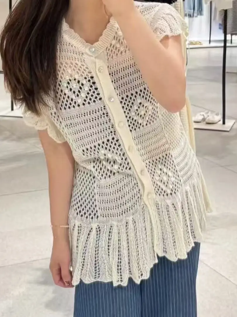 

Новое поступление лета 202, женская модная вязаная верхняя одежда, украшенная кружевом и цветочной кисточкой, открытый кардиган Sweet Sle
