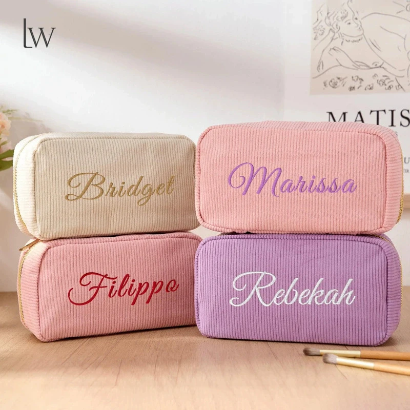 Custom Name Embroidered Makeup Bag Personalized Striped Cosmetic Pouch Large Capacity Travel Toiletry Bag Bridesmaid Weddin Gift
