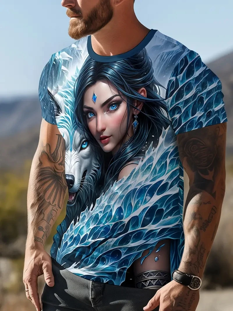 

Men's Plus Size 3D Female and Wolf Fantasy Art Pattern Printed Short Sleeved T-shirt, Soft and Loose Casual, Outdoor Sports