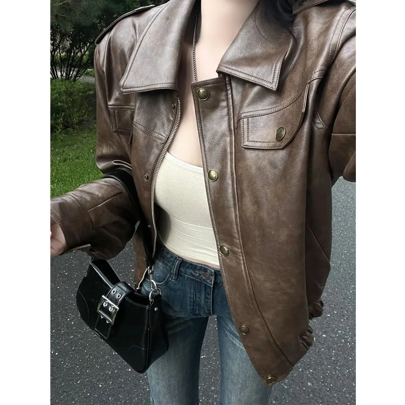 Coffee Colored Leather Jacket Women's Spring 2025 New Style This Year's Popular Retro Design PU Leather Jacket Top Trend