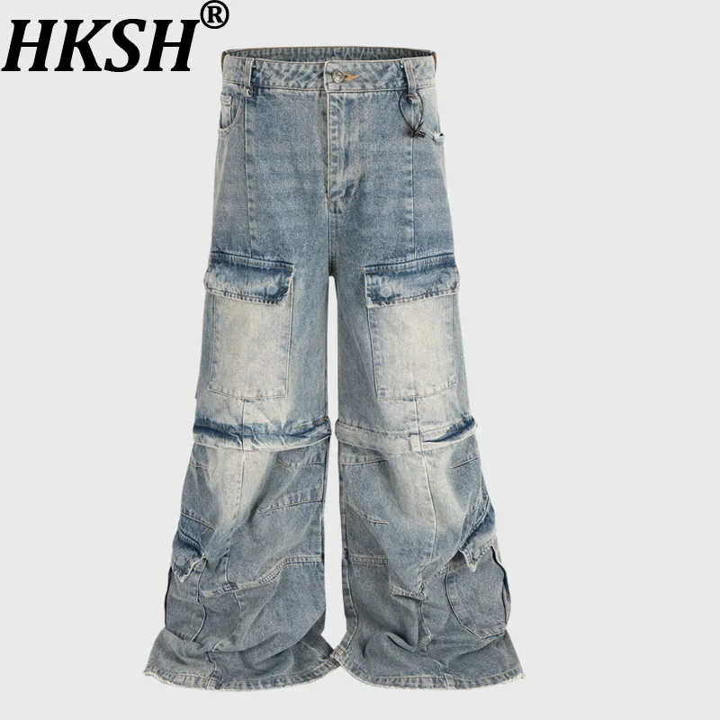 

HKSH Autumn Winter New Men Tide Flared Cargo Pants Distressed Washed Flared Jeans Safari Style Jeans Chic Ins Punk Women HK17639