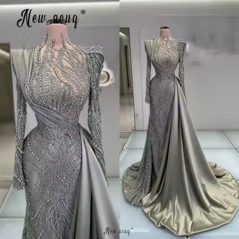 Middle East Muslim Evening Dress Turtle Neck Long Sleeve Sheath Dress Wedding Party Gown Vestidos Largos Fiesta 2025 Customized