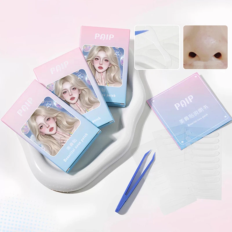 แผ่นแปะจมูกใส 30 ชิ้น แบบบาง มองไม่เห็น พร้อมแหนบ สำหรับลดขนาดปีกจมูก เหมาะสำหรับคอสเพลย์ ลดขนาดจมูก