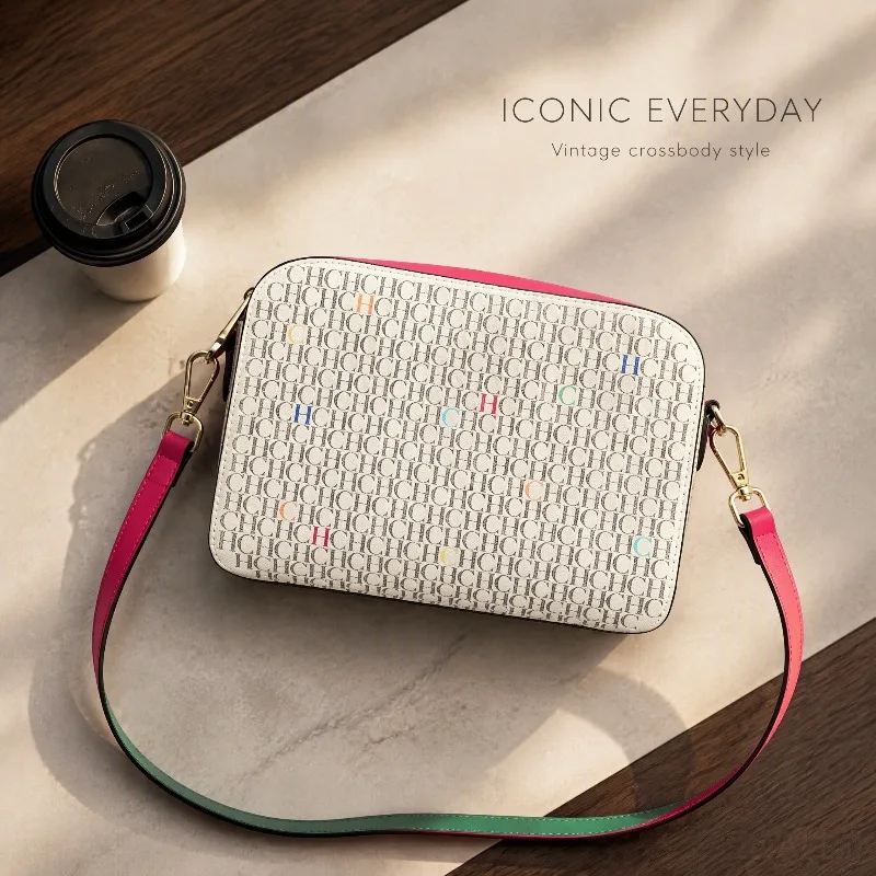 CHHC Women Monogram Print Camera Bag Faux Leather Contrast Color Splice Detachable Crossbody Shoulder Strap Purse