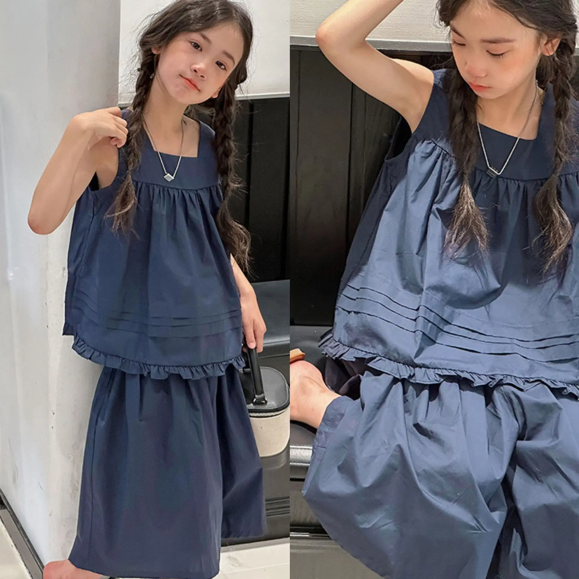 Girls Set Summer New Korean Edition Children's Square Neck Lace Decorative Tank Top+ Wide Leg Pants Two Piece Set for Children