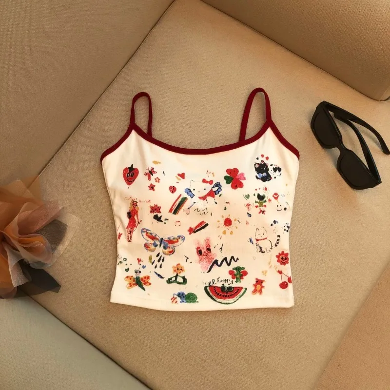 Hellokitty Cartoon Anime Stampa Cool Cute Canotta Spaghetti - Canotta con cinturino Canottiera Gilet stile fionda da donna con protezioni per il petto