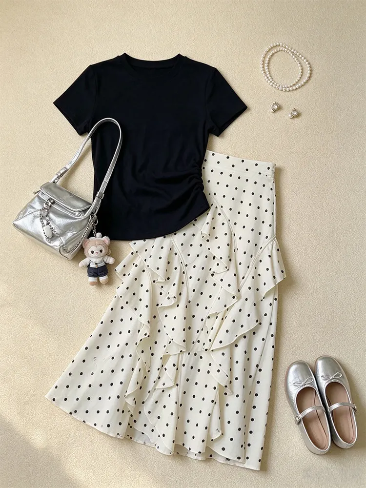 Korean Style Summer New Women's Set Short Sleeve T-Shirt And Polka Dot  Skirt Slimming Effect Casual Fashion Set