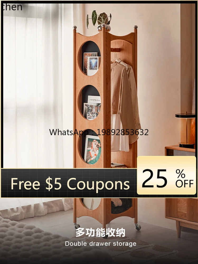 

WW solid wood full-body mirror cabinet magazine rack mobile bedroom hanger cherry wood