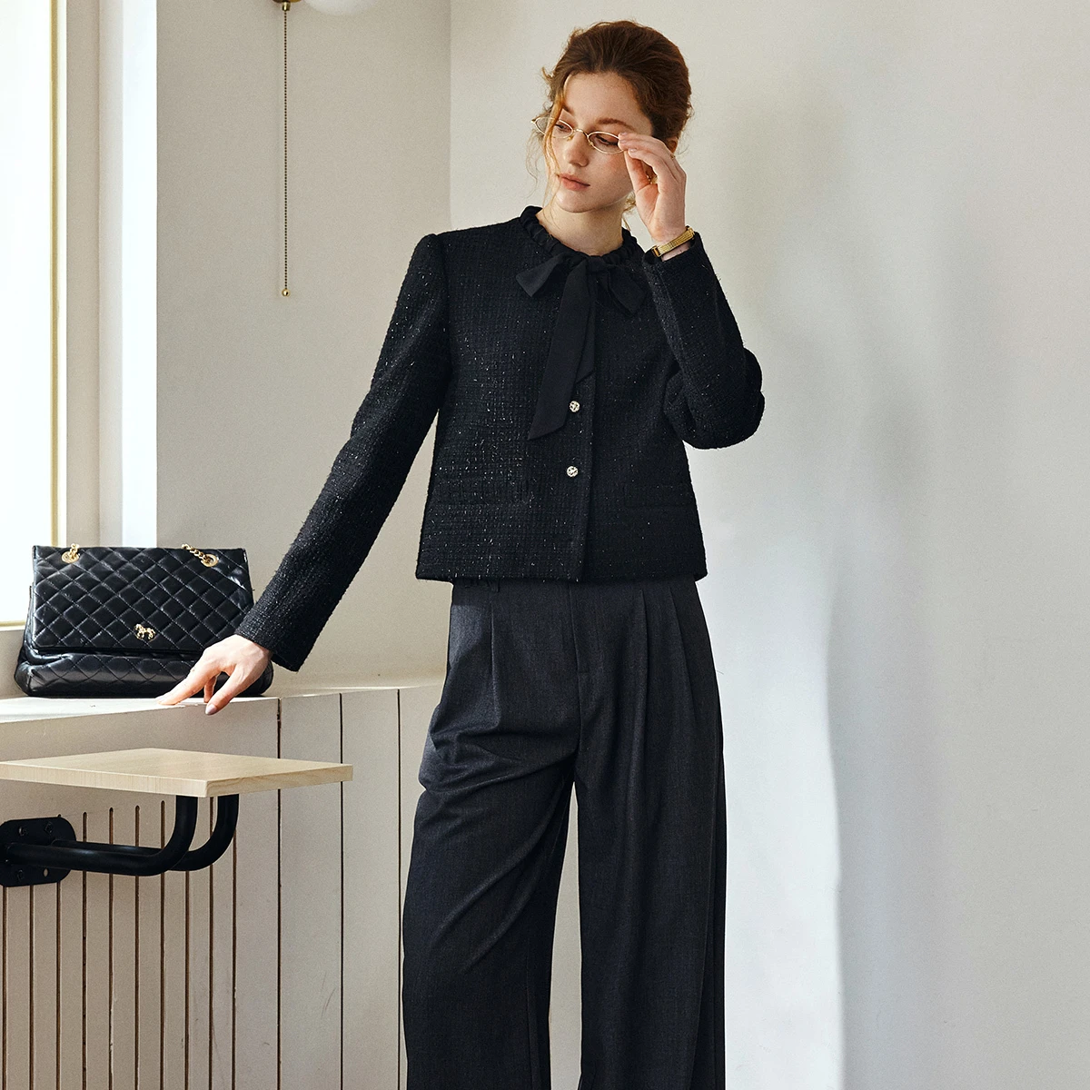 سترات فرنسية أنيقة من OLrain موضة خريف 2025 سترة قصيرة متعددة الاستخدامات وربطة عنق ضيقة مكشكشة ورقبة مستديرة قطع علوية للسيدات GO57QW000938 #4