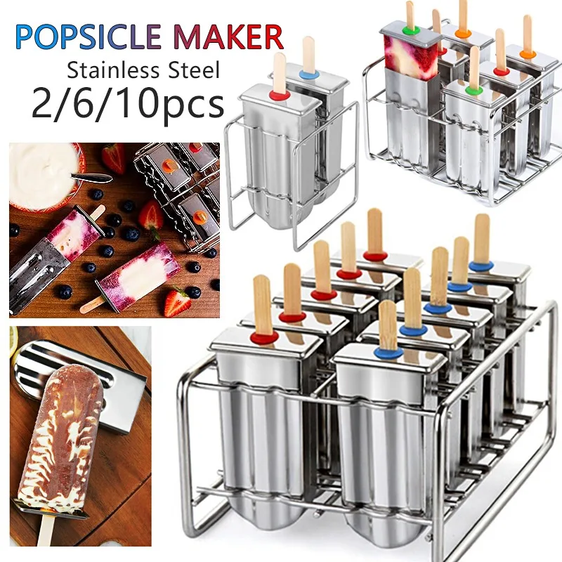 

Ice Lolly Mold 304Stainless Steel Popsicle Mold Ice Cream Mould with Stick Holder Base Lolly Maker Set DIY Freezer Set of 2/6/10