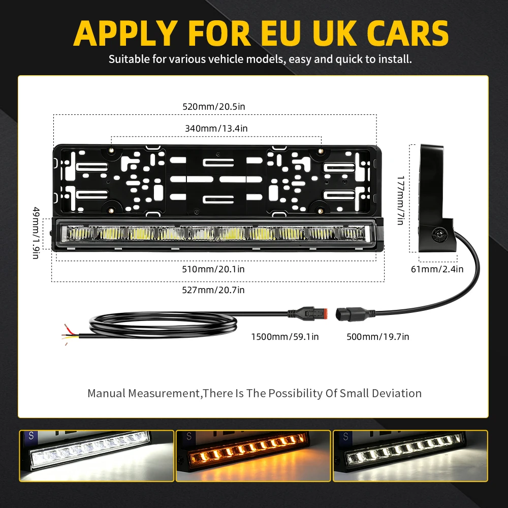 HL DRL License Plate Frame, Dual White/Amber + Wireless Remote, High Brightness LED, Position Lamp for EU Plate off-road use