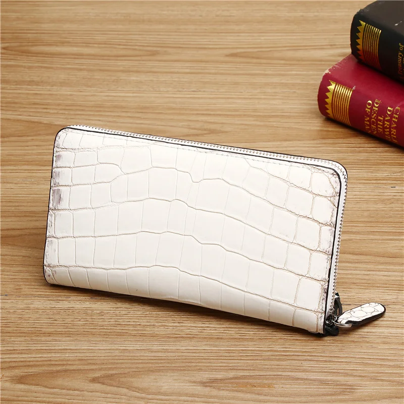 Genuine leather handbag, bay crocodile, Himalayan white large capacity single pull wallet, fashionable handbag, wrist bag