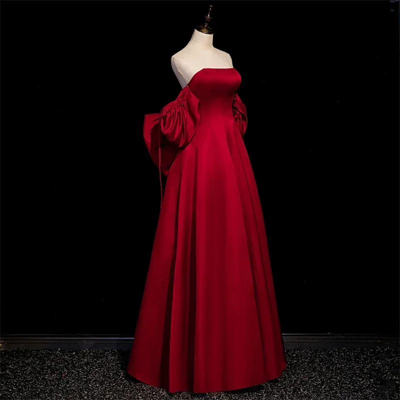 Customized Evening Dress Bow Removable Sleeves Floor-Length A-Line Burgundy Shiny Satin Plus size Party Formal Woman Gown B1461