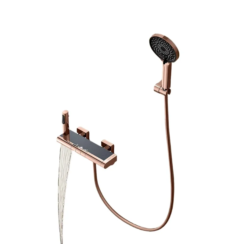 Wall Mounted Rose Gold Thermostatic Shower Faucet Bathroom Waterfall Bath & Shower Faucet Brass Brushed goid Bathtub Shower Set