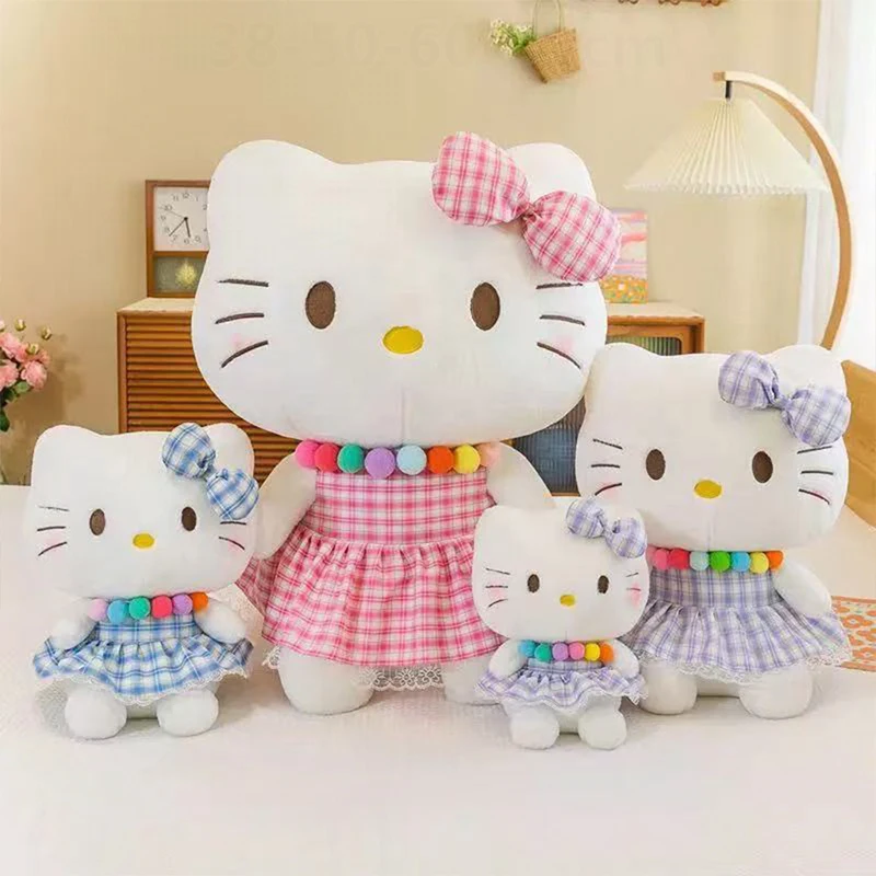 헬로키티 봉제인형 키티 헬로 KT 컬러풀 체크무늬 고양이 인형 베개 소녀 어린이 생일 크리스마스 선물 봉제인형 부드러운 장난감