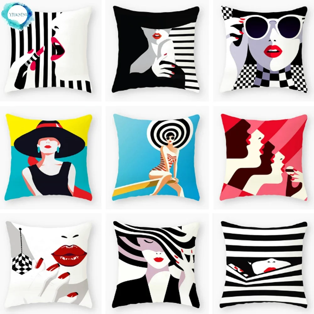 Girl Red Lips Stripe Decorative Polyester Throw Pillow Cover Bedside Cushion Pillowcase Sofa Decoration Pillowcover 45X45CM