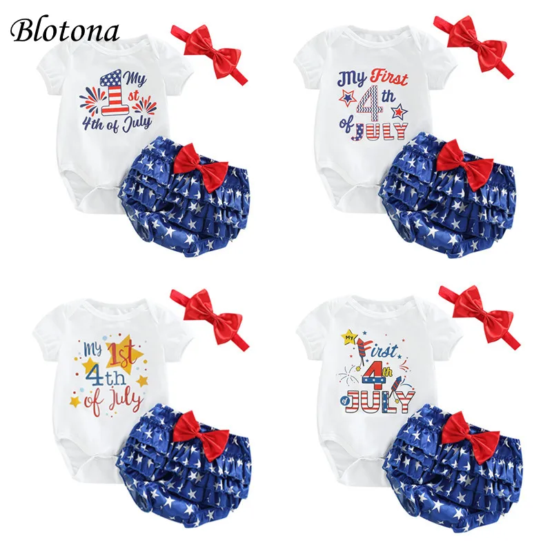 

Blotona Baby Girl Independence Day Outfits, Short Sleeve Letter Print Romper +Star Pattern Ruffles Shorts +Headband, 0-24Months