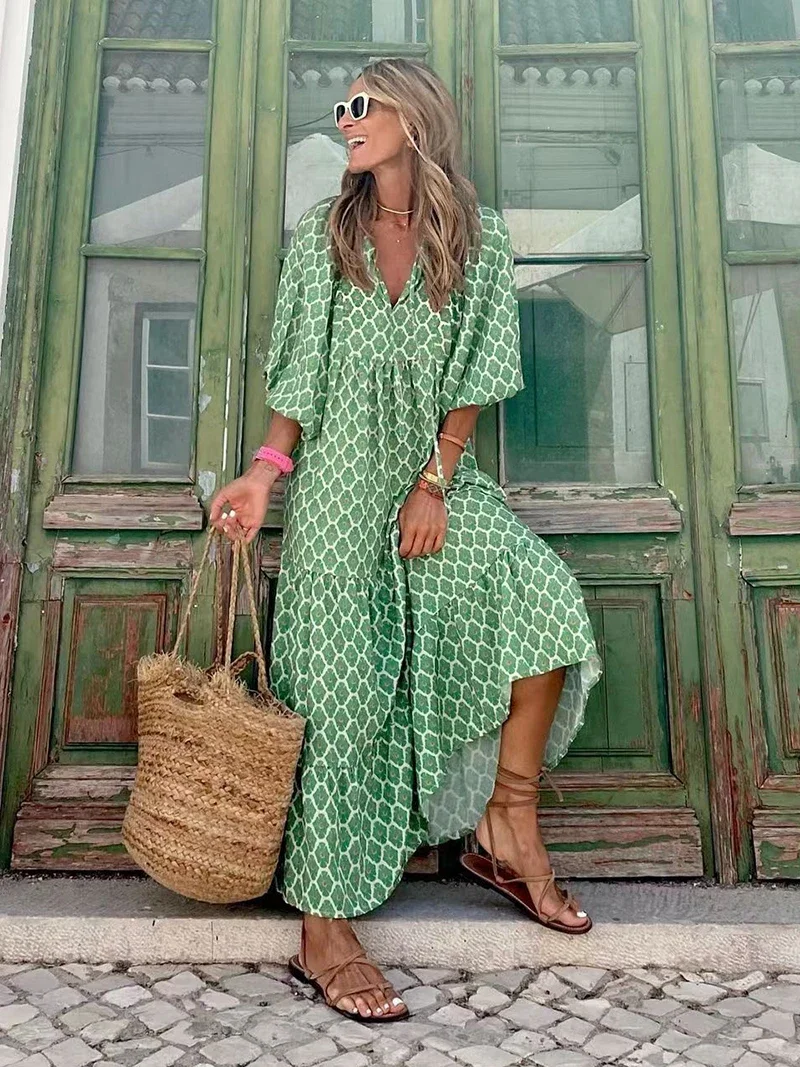 

Bohemia Floral Print Maxi Dress Women Summer Casual Fashion V Neck Puff Sleeve Loose Long Dresses Beach Party Holiday Vestidos