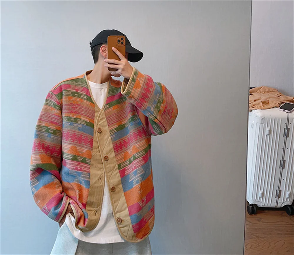 Autumn vintage loose ethnic style contrast color tweed V-neck button rainbow niche jacket jacket men