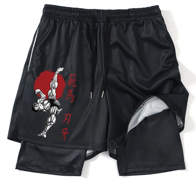 Anime Shorts Gym Men Hanma Baki Print 2 In1 Compression Performance Shorts Quick Dry Running Short Pants Fitness Summer