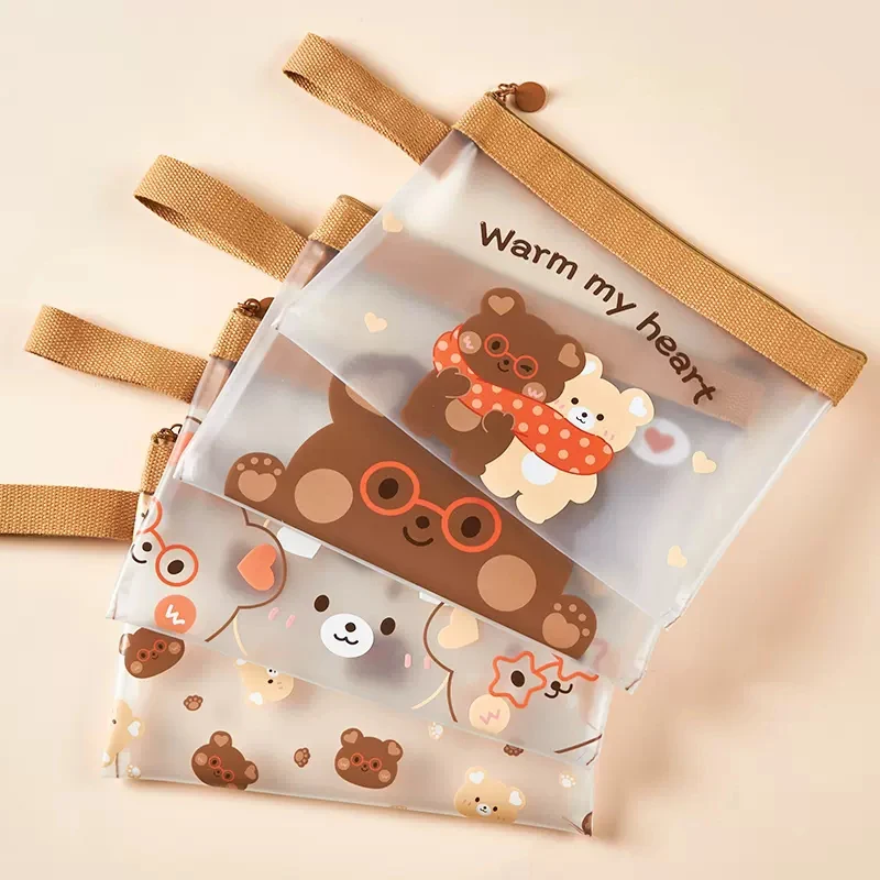 Cute Bear File Bag Kawaii A4 A5 Zipper Documents Tickets File Holder Large Pencil Case Korean Stationery Storage Pouch Office