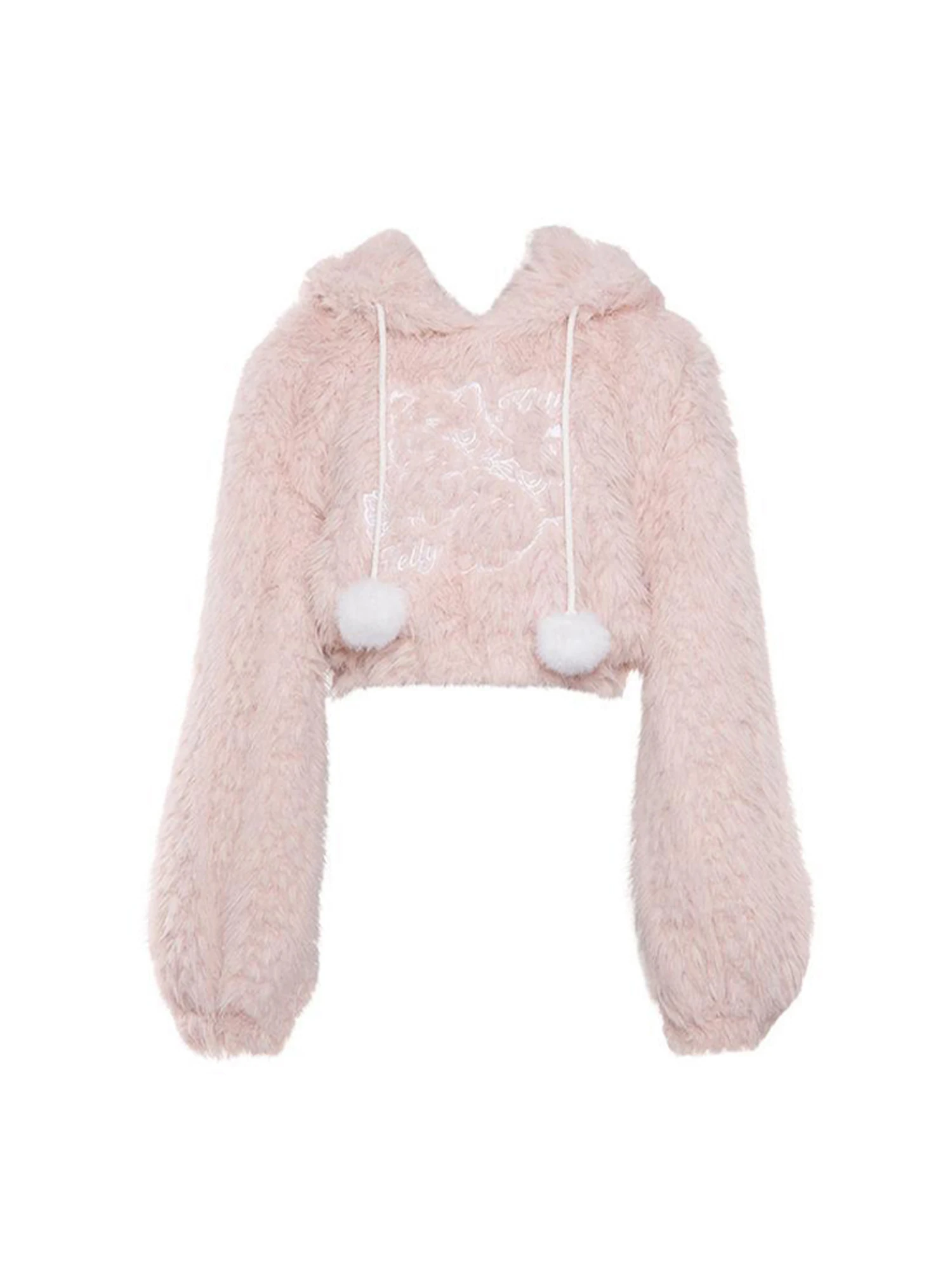 

Women's Pink Plush Cropped Sweatshirt Vintage Harajuku Y2k Long Sleeve Teddy Coats Hoodies Pullover Top 2000s Cutecore Clothes