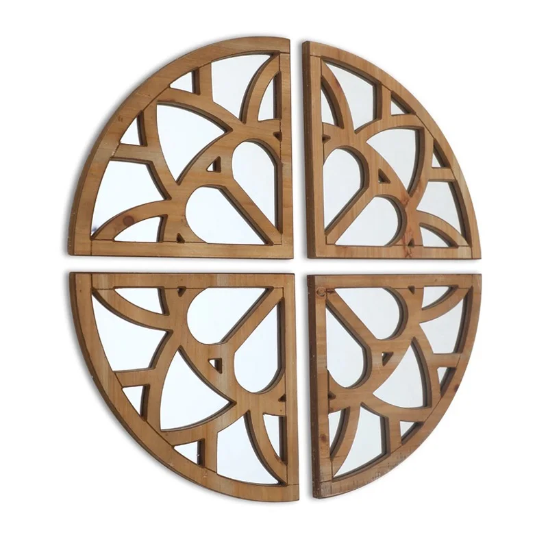 

Wooden Circle Wall Decor Mirror, 4-Piece Set, Geometric Floral Pattern, Natural Wood Finish, 60cm x 60cm