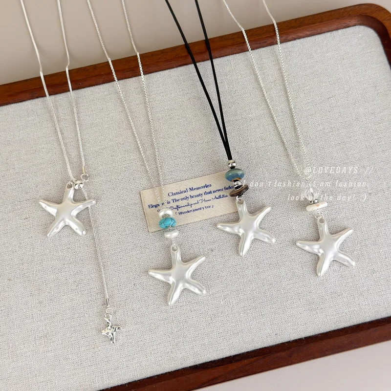 Matte Silver Starfish Necklace with Turquoise Beads Black Cord Long Sleek Layered Versatile Daily Wear Comfortable Women