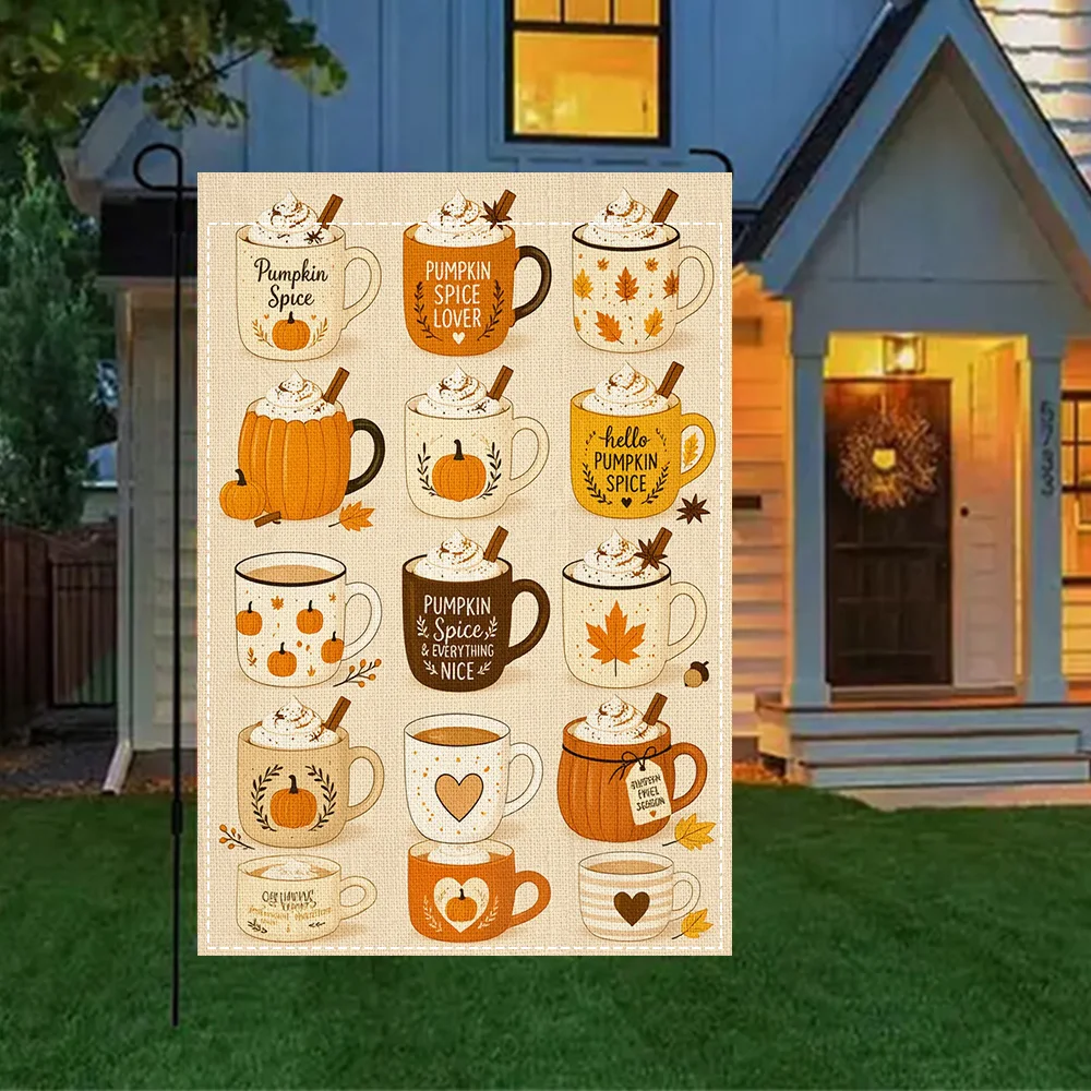 1PC Pumpkin Spice Latte Mug Garden Flag with Reversible Fall Themed Print for Patio and Outdoor Fall Decor (Rod Not Included)