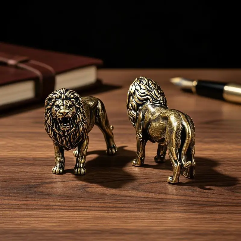 Brass Lion Figurine Vintage Antique Finish Exquisite Craft Carvings Decorative Ornament for Home Office Cabinet Decor Gift