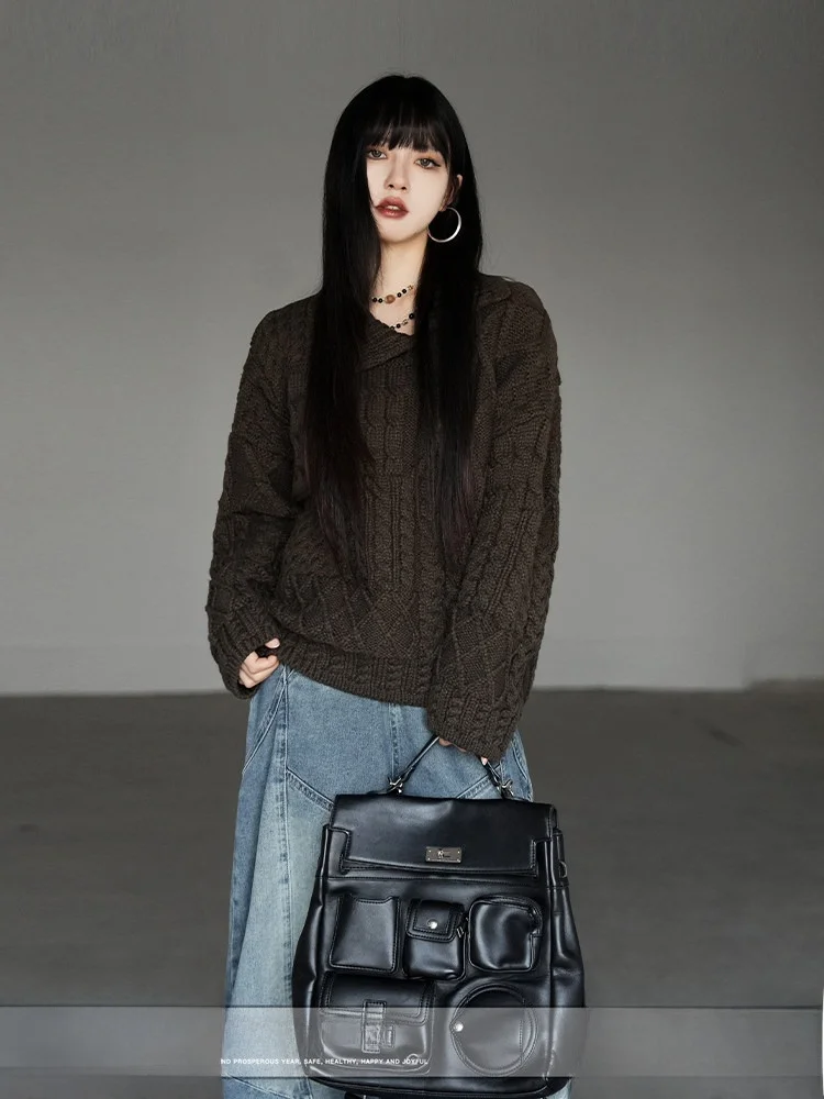 

Thiened Knitted Sweater Women's Winter Faion Loose Overhead Twist Flower f Open Turn-down Collar Asymmetrical Hemline