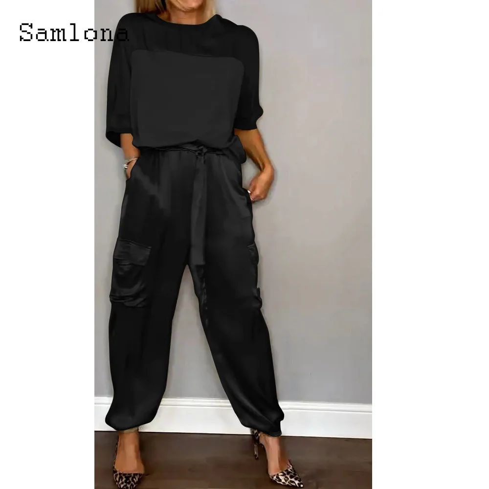 طقم بدلة رياضية من الساتان من قطعتين للنساء ، بلوزة غير رسمية ، بنطلون برباط كاكي ، بدلة عتيقة ، بلوزة مرقعة ، أنثى ، صيف ، جديد ، #4