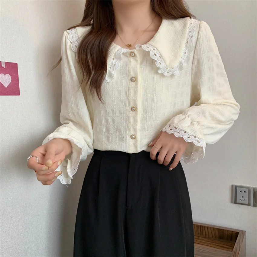 White Lace Trim Peter Pan Collar Bottom Shirt Shirring Long Sleeve Sweet Blouses Female Plaid Cardigan Solid Color Office Top