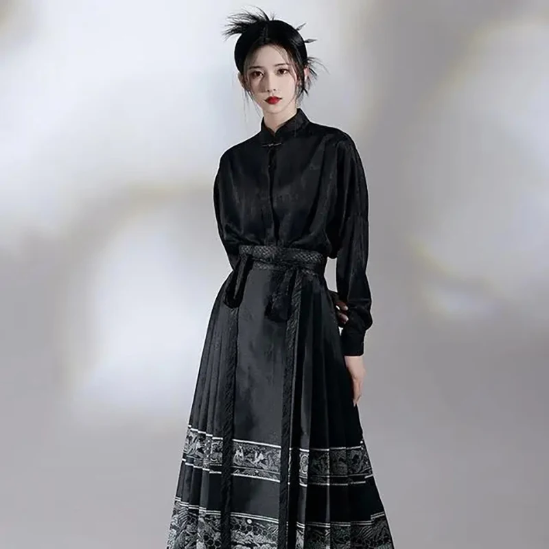 M Dynastie Hanfu Paard Gezicht Rok Vrouwen Plooien Rok Zwart Wit Shirt Rok Sets Chinese Traditionele Hanfu Rok Plus Size
