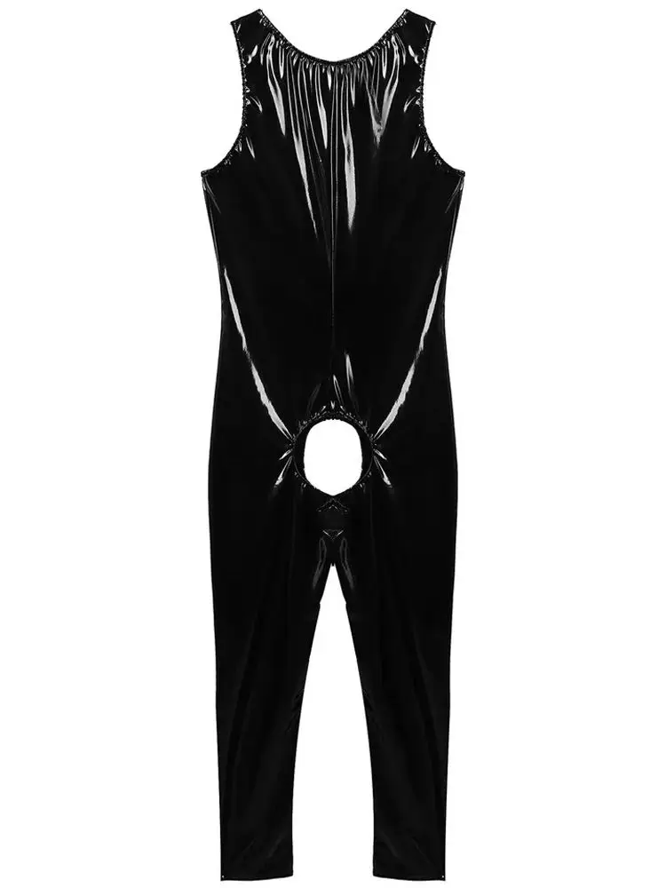 Unisex Sleeveless Wet Look PVC Catsuit Shiny PU Leather Crotchless Open Crotch Bodysuit Tights Sexy Cosplay Leotard Unitard Body