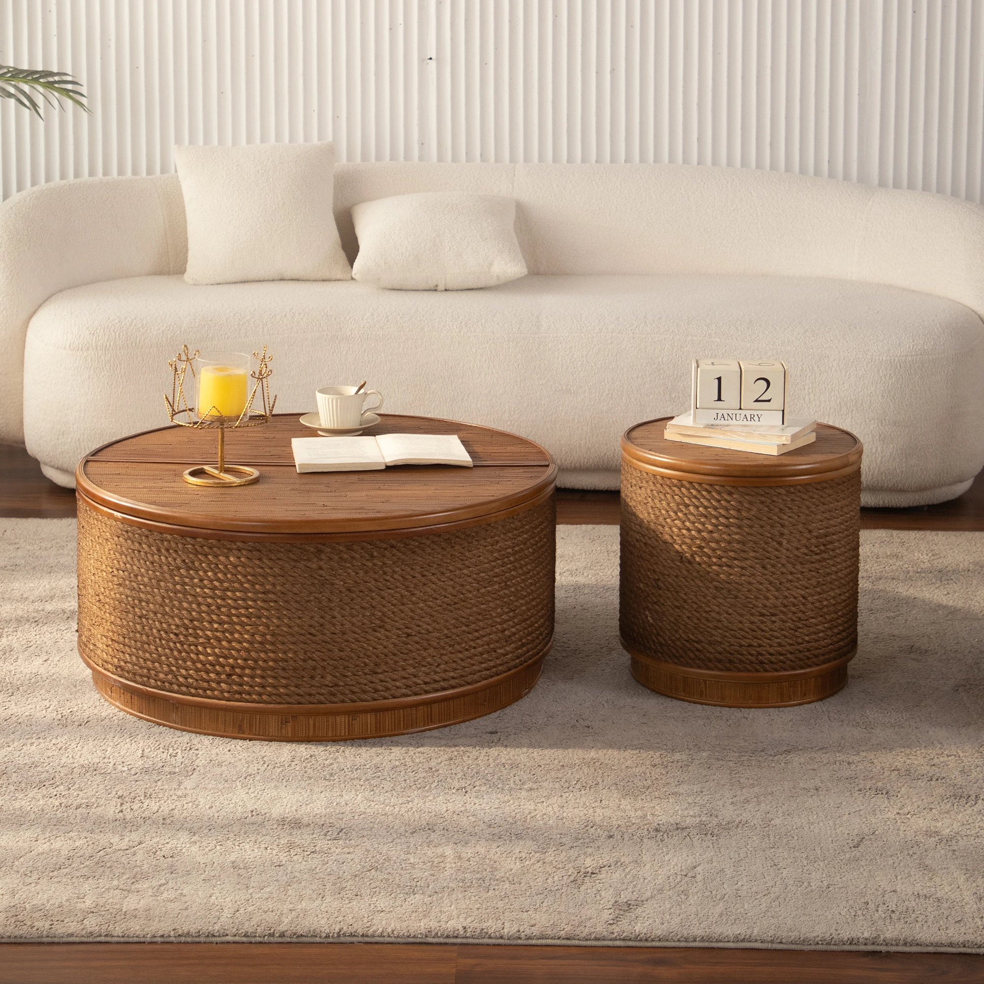 Round Rattan Coffee Table with Lift-Off Lid Storage, Hand-Woven Hemp Rope Trim, Boho-Chic Style, Perfect for Cozy Living Rooms