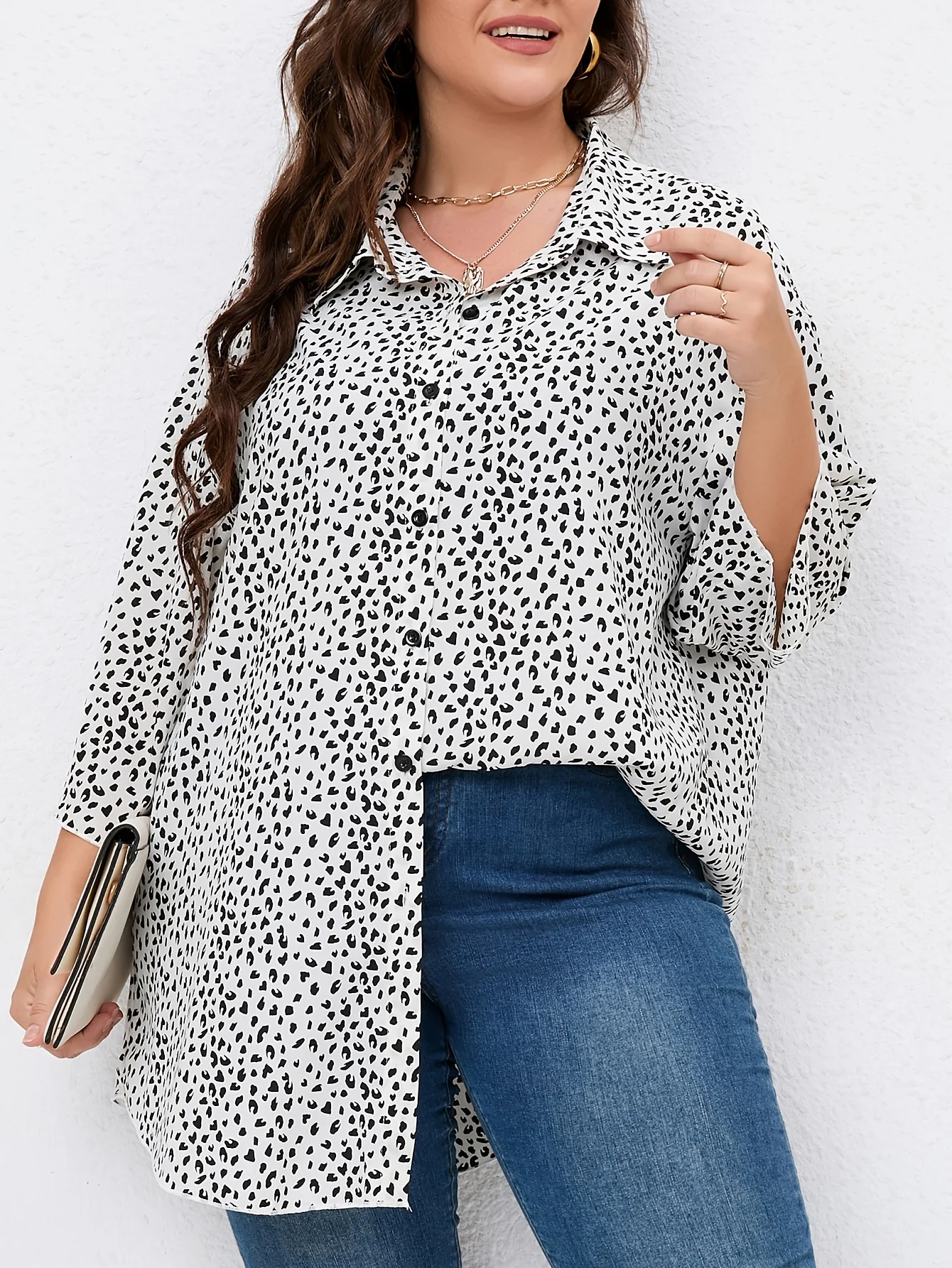 2024 Plus Size Casual Blouse Women\'s Plus Leopard Print Button Up Three quater Sleeve Turn Down Collar Blouse