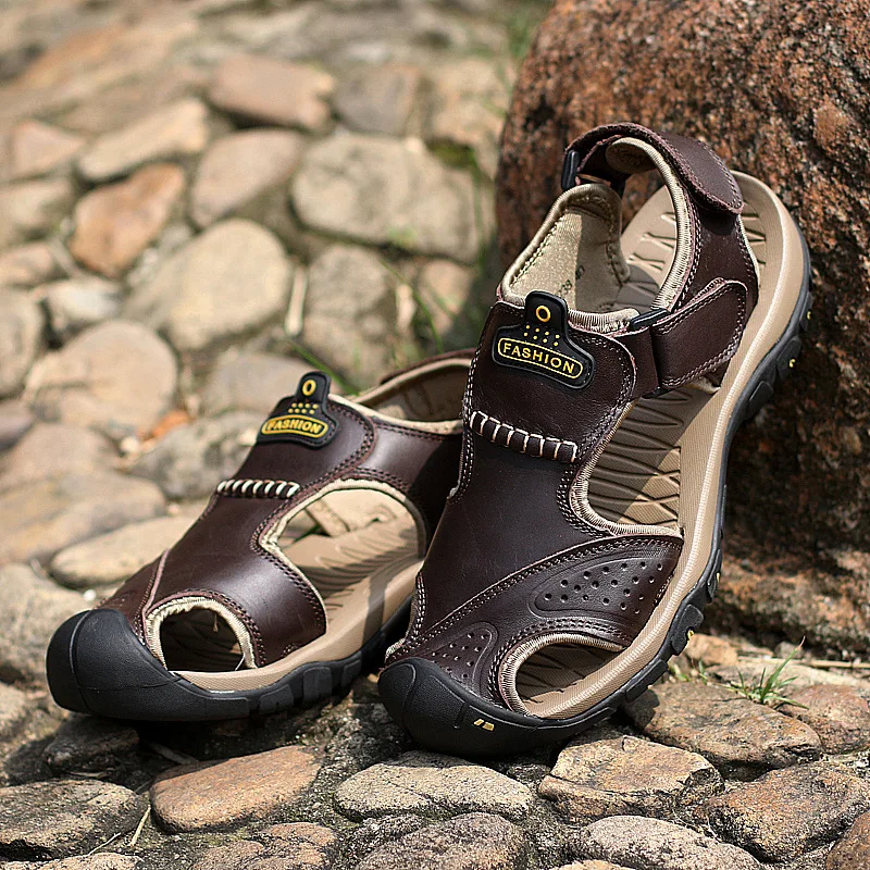 New Fashion Genuine Leather Men Shoes Summer Men\'s Sandals Anti-collision Fashion Beach Sandals Slippers Big Size 38-48