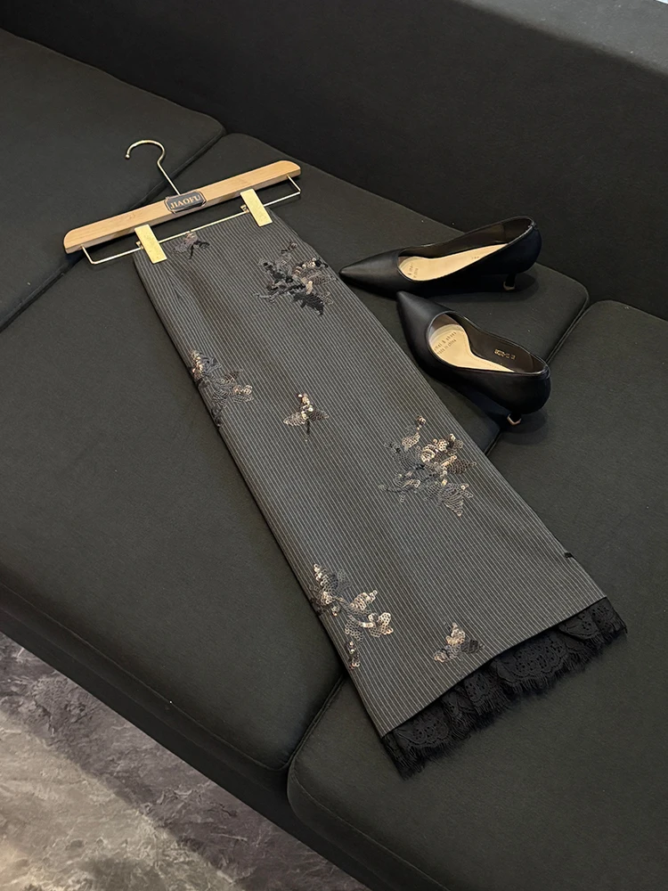 Retro sle lantejoulas bordado listrado colete e renda retalhos saia conjunto feminino faion conjunto outono inverno nova chegada